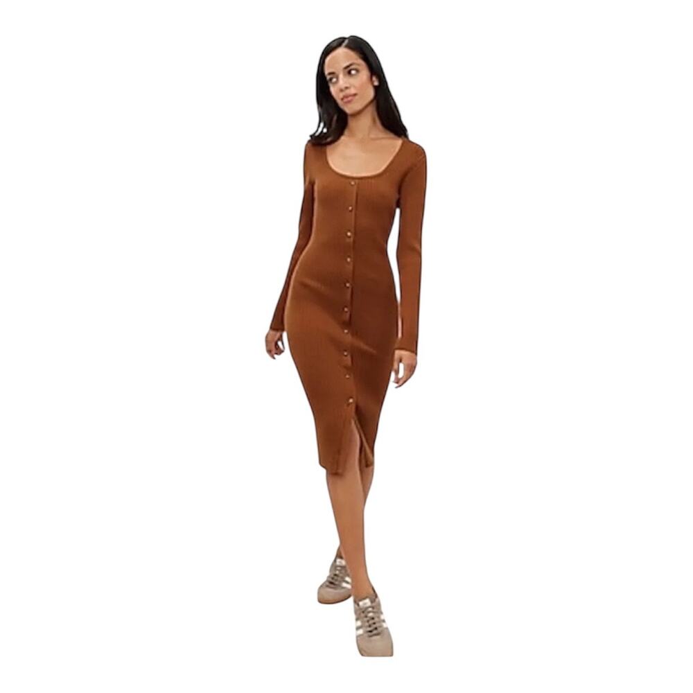 UpWest Brown Long Sleeve Button-Front Midi Dress